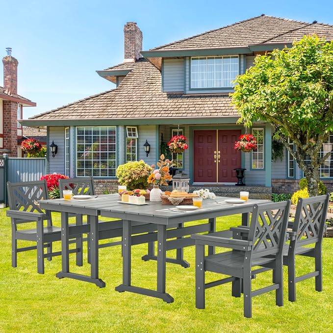 HDPE Outdoor Dining Set, 6-Piece Outdoor Table and Chairs Include 4 Dining - Image 6