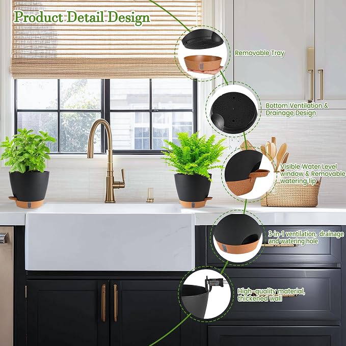 Self Watering Pots for Inoor Ourdoor Plants 10/9/8/7/6.5 Inch Plastic Planters - Image 6