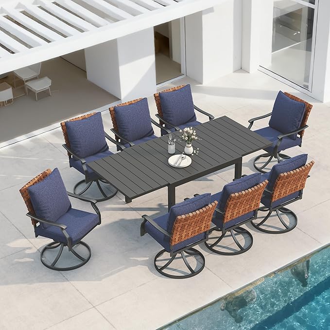 Grand patio 9-Piece Outdoor Dining Set, 8 Leather-Look Wicker Blue Swivel Patio by GrandPatio