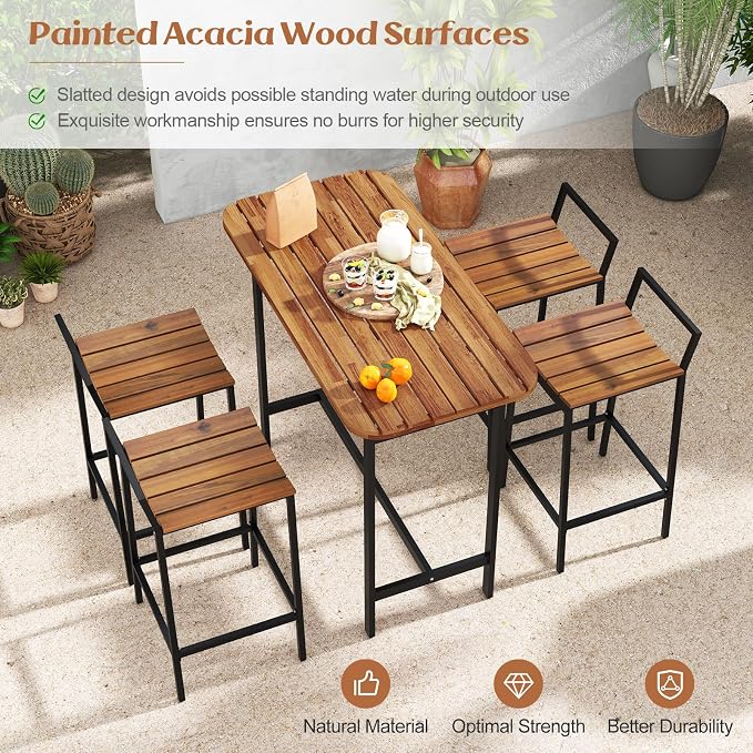 Tangkula 5 Piece Acacia Wood Bar Table Set, Outdoor Bar Height Table & Chairs - Image 6