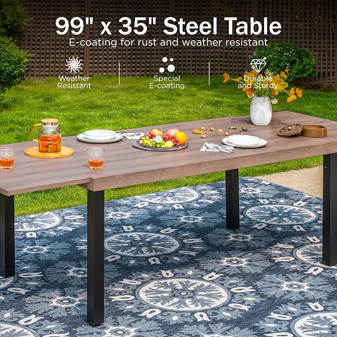 PHI VILLA Outdoor Metal Expandable Dining Table, Wood-Like Wrought Iron - Image 4
