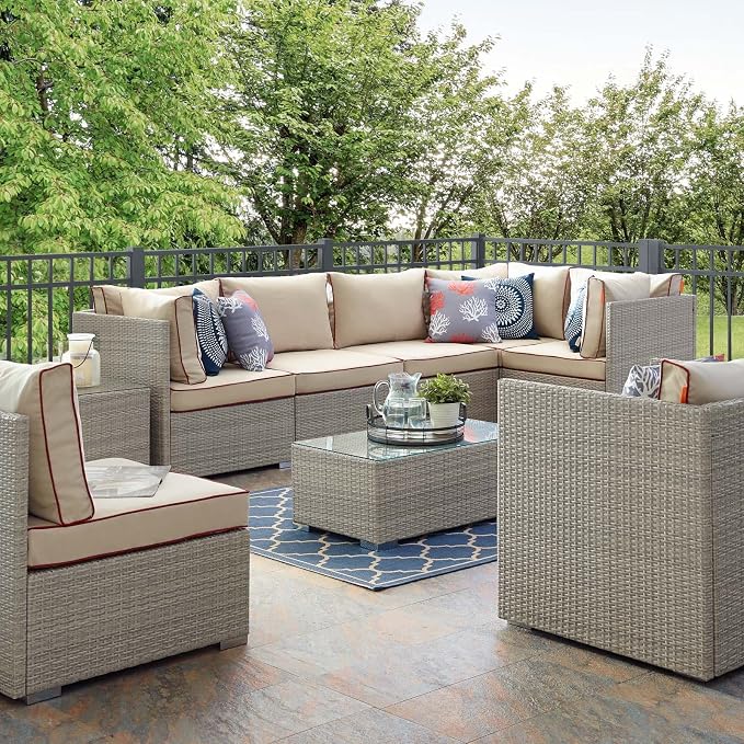 Modway EEI-3010-LGR-BEI-SET Repose 7 Piece Outdoor Patio Sectional Set by Modway