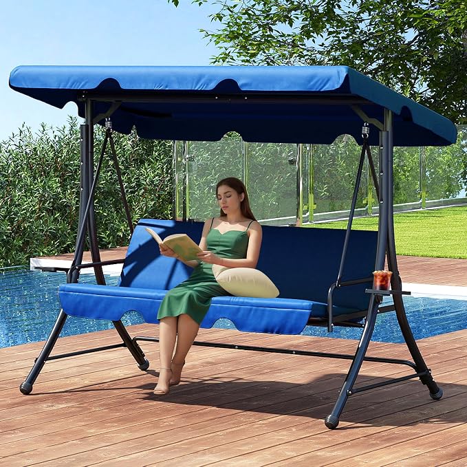 3 Seat Patio Swing with Canopy, Outdoor Porch Swing with Stand by FUQARHY