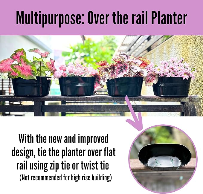 LaLaGreen Outdoor Rail Planter Black Metal Iron Hanging Flower Pots Deck - Image 5