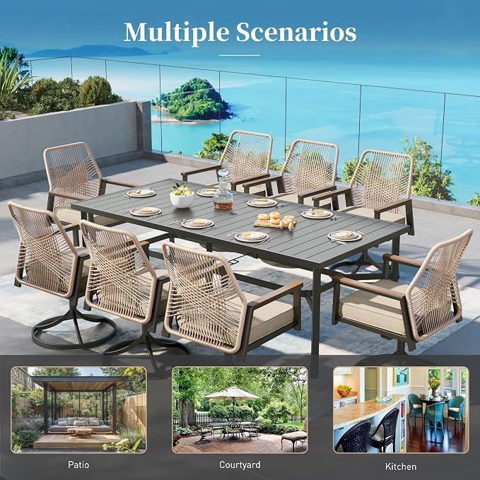 Patio Dining Set 9 Piece, 8 x Woven Rattan Swivel Chairs - Image 8
