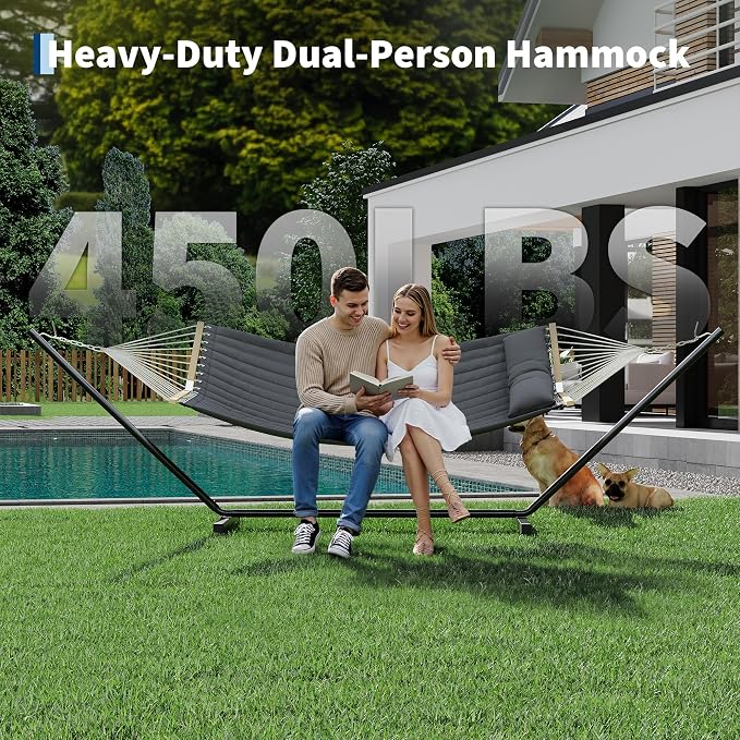 2 Person Double Hammock with Adjustable Steel Stand & Pillow, Heavy Duty - Image 5