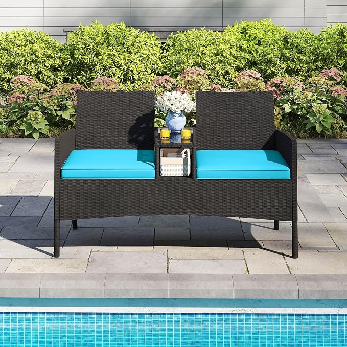 Tangkula Patio Loveseat with Built-in Table, Wicker 2-Seat Furniture with Soft - Image 4