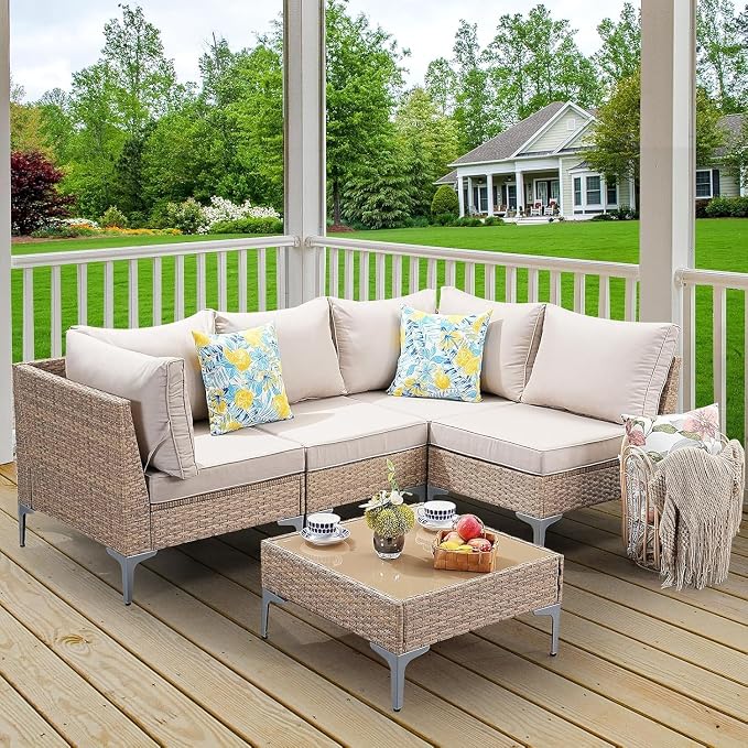 Jing's Villa 5-Piece Outdoor Patio Furniture Set, Ratten Conversation Sectional - Image 9