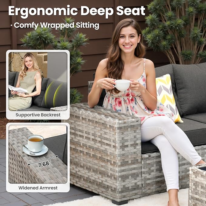 ovios 6 Pieces Patio Furniture Set, Outdoor Wicker Sectional Sofa - Image 6