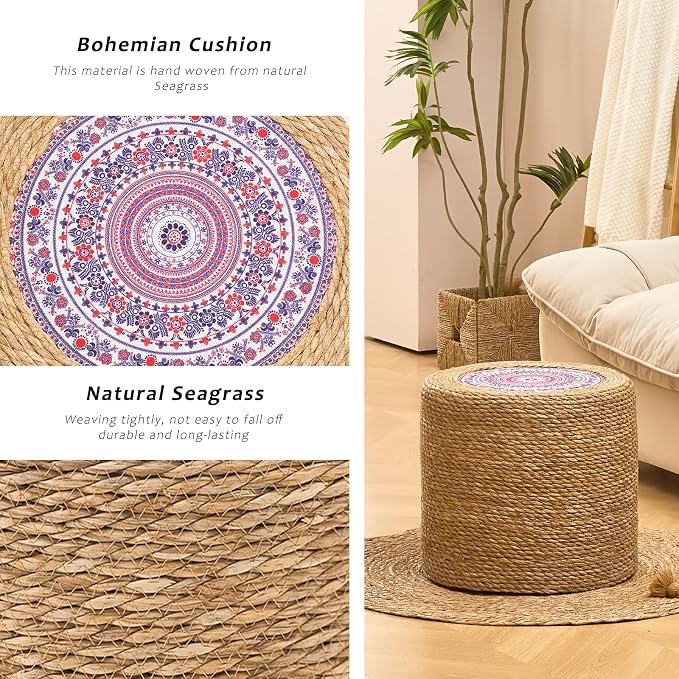 Handwoven Ottoman Pouf, Natural Seagrass Footstool, Round Braided Outdoor Seat - Image 4