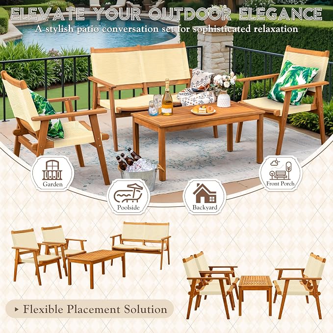 Devoko 4 Pieces Acacia Wood Patio Conversation Sets, Patio Furniture Set - Image 3