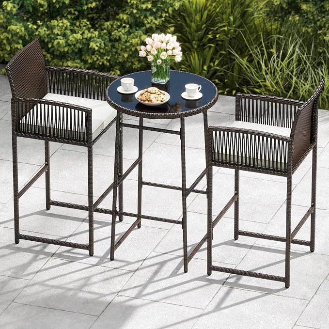 Tangkula 3 Piece Patio Bar Set, Outdoor Wicker Bar Height Glass Top Table & 2 - Image 2