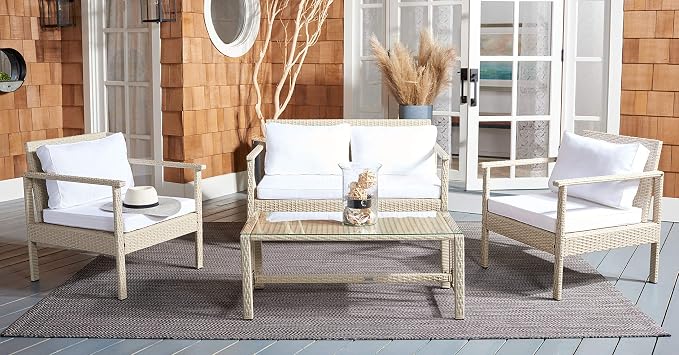 Safavieh Outdoor Collection Garnen Beige Wicker Cushion 4-Piece Living Set - Image 2