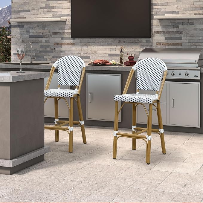 PURPLE LEAF French Bar Stools Set of 2 Bamboo Print Finish Outdoor Bar Stools - Image 2