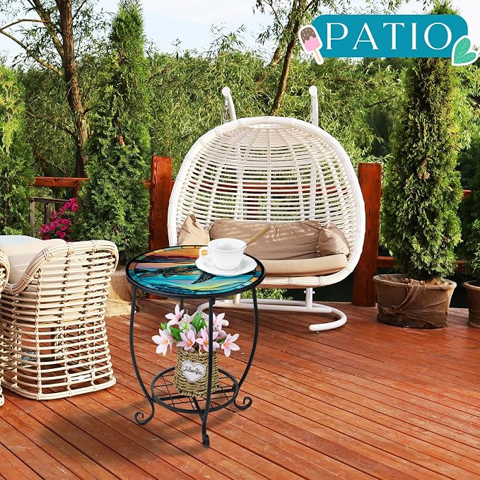 Outdoor Side Table Round Small Mosaic Patio Accent Indoor End Plant Coffee Tea - Image 5