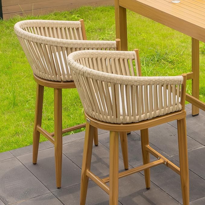 PURPLE LEAF Outdoor Bar Height Stools Set of 2 Patio Metal Modern Wicker Bar - Image 3