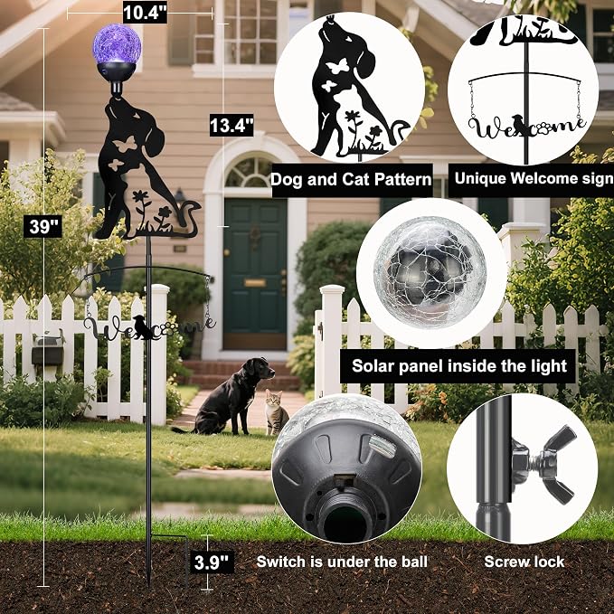 Solar Dog Light Outdoor Decorative, Metal Black Dog&Cat Silhouette Solar Garden - Image 4