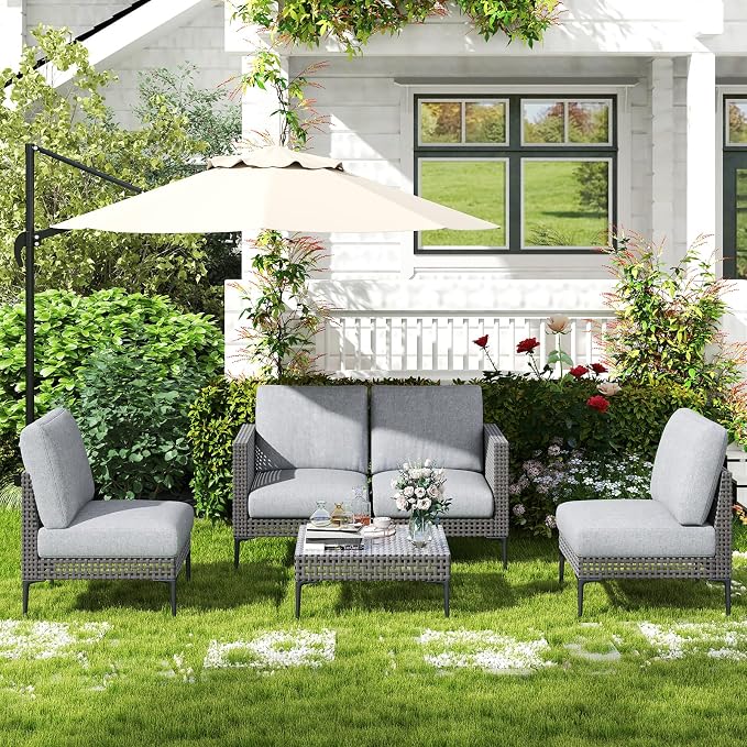 Outdoor Patio Sofa Conversation Set–Rattan 4 Seats Comfortable Couch - Image 2