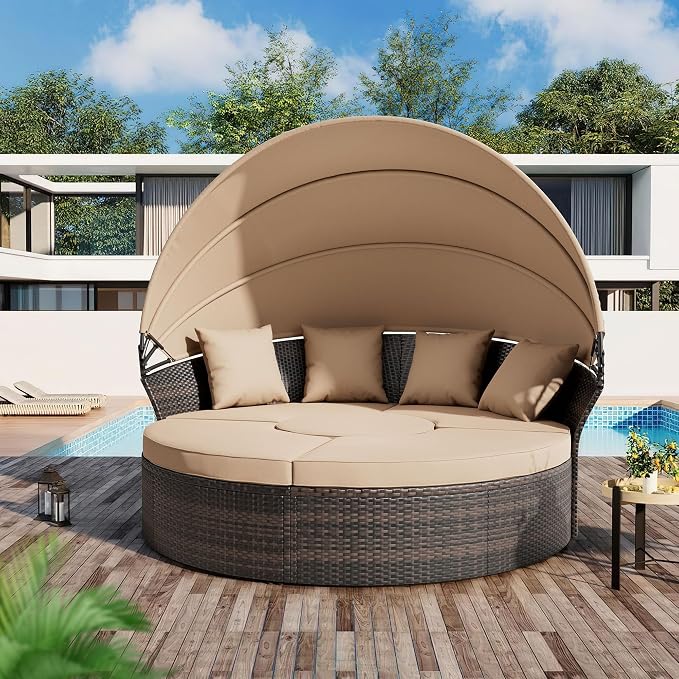Crownland Outdoor Daybed with Retractable Canopy, Patio Round Daybed with - Image 7