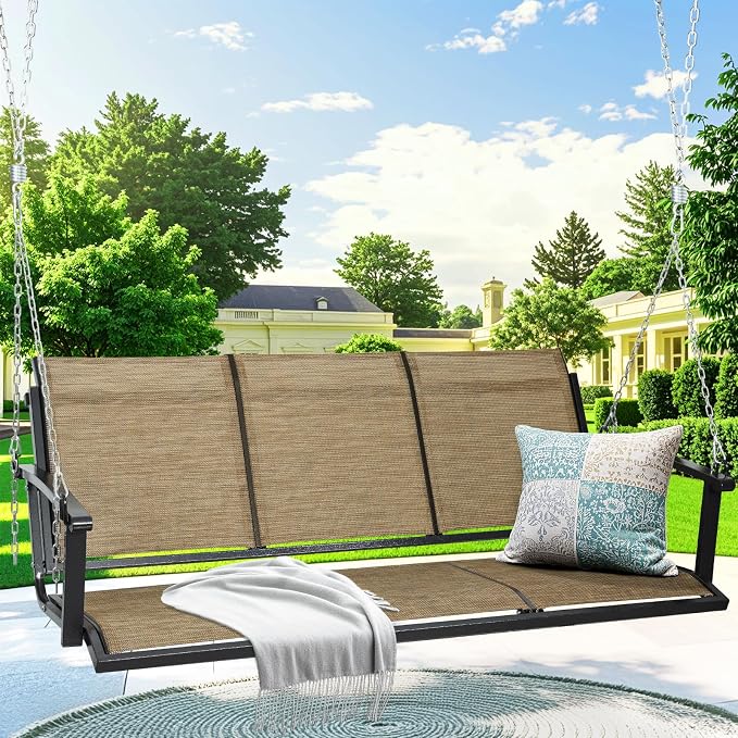 Textilene 3 Seat Hanging Swing, 5.2FT Patio Bench Swing, 660lbs Heavy Duty by jamege