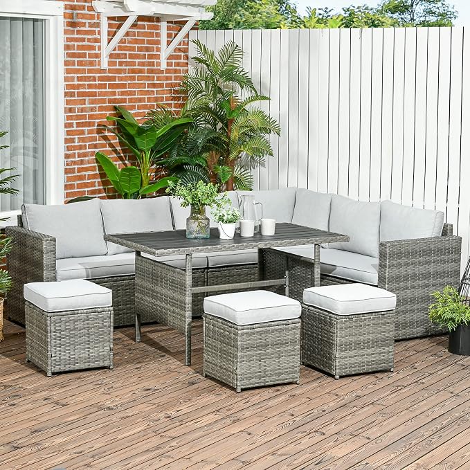 Outsunny 7 Piece Rattan Outdoor Patio Furniture Set, L-Shaped Sectional Sofa - Image 2