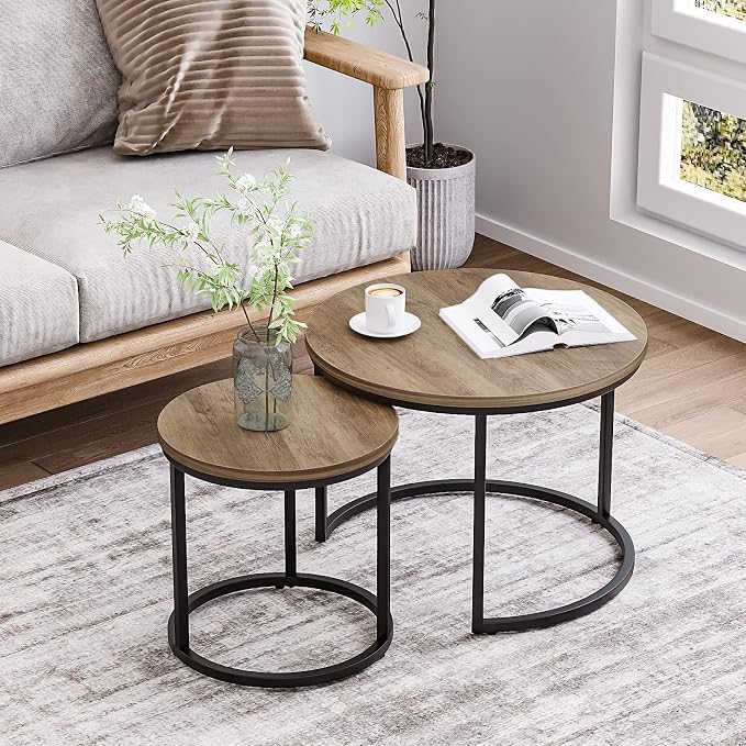 Smuxee Nesting Coffee Table Set of 2, 23.6" Round Coffee Table Wood Grain Top - Image 3