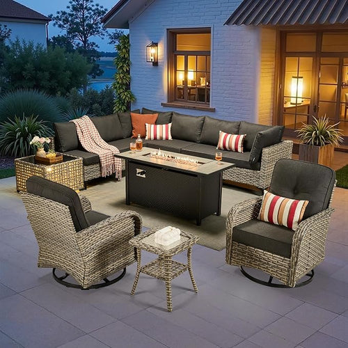 11-Piece Outdoor Sectional Sofa Set w/ 54" Fire Pit – L-Shaped Wicker Patio by CAODOCPatioFurniture