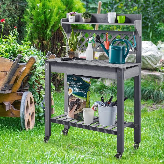 Yaheetech Potting Bench Table Outdoor Garden Potting Table Wooden Workstation - Image 4
