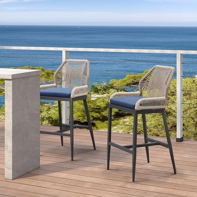 PURPLE LEAF Patio Sunbrella Bar Stools 28" H Set of 2 Handwoven Wicker Bar by PURPLELEAF