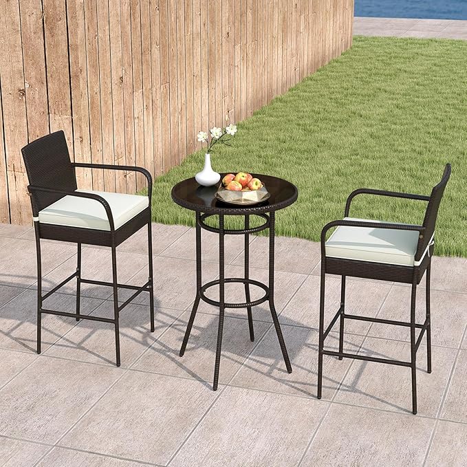 Tangkula 3 Piece Outdoor Bar Set, Patio Rattan Heavy Duty Bar Height Glass Top - Image 3