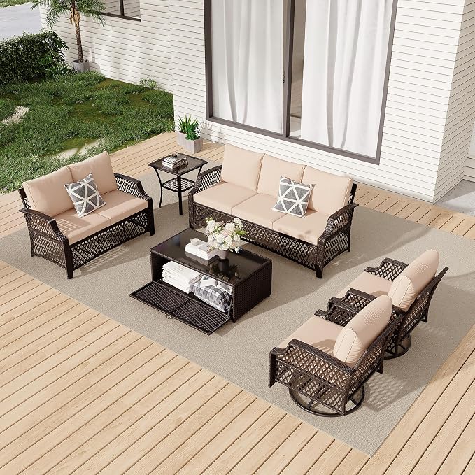 HOMREST 6 Piece Patio Furniture Set, Wicker Outdoor Conversation Sofa Set by HOMREST