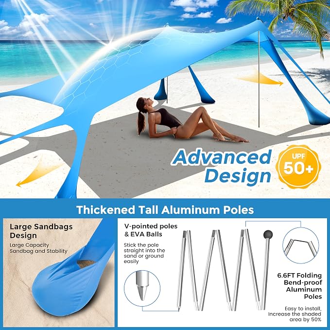 Beach Canopy Beach Tent Pop Up Shade 10x10ft Sun Shelter UPF50+ - Image 4