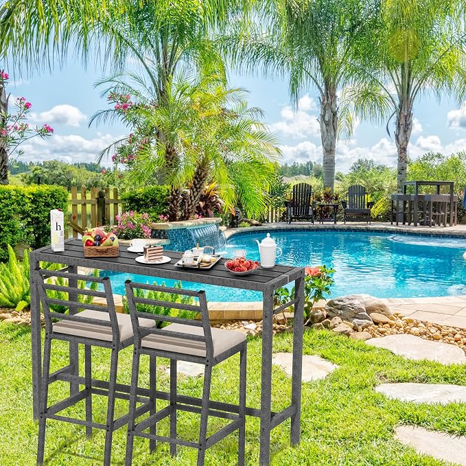 3Pcs Outdoor Patio Bar Set, Metal Bar Table and Chairs Set - Image 8
