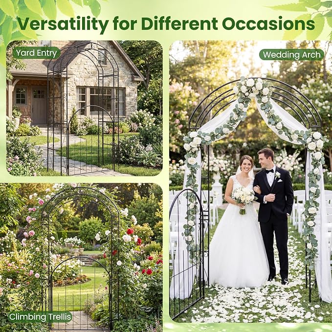Giantex 84'' Garden Arbor with Gate, Heavy-Duty Metal Arch Trellis - Image 4