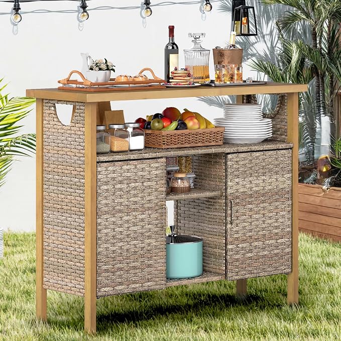 DWVO XL Patio Storage Cabinet, Wicker Outdoor Bar Table - Image 7