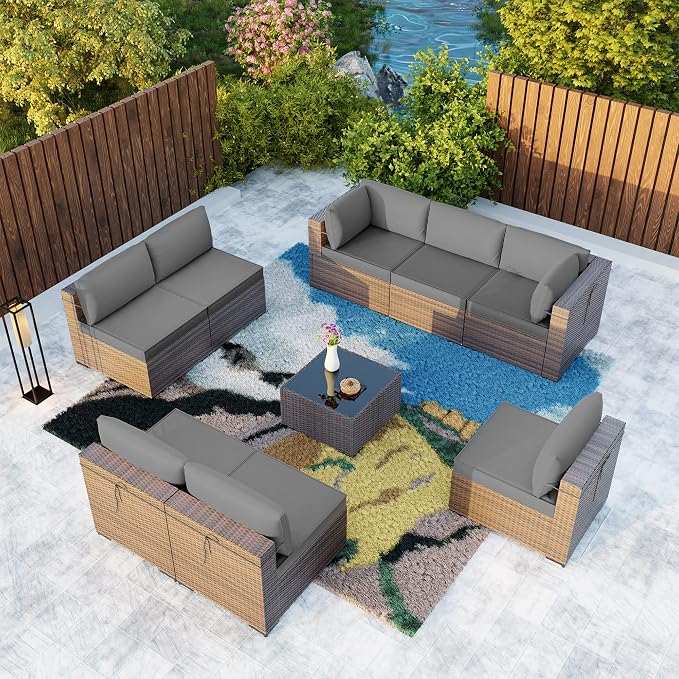Kullavik 9 Pieces Outdoor Patio Furniture Set, Outdoor Sectional Rattan Sofa - Image 8