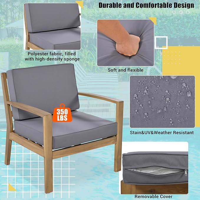 6-Piece Outdoor Patio Conversation Furniture Set, Acacia Wood Sectional Sofa Set - Image 6