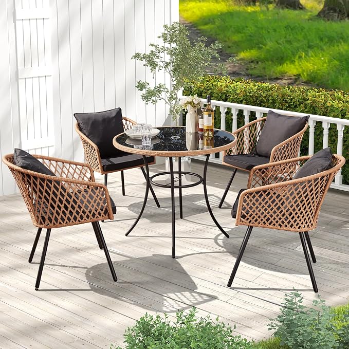 ECOTOUGE 5 Piece Patio Dining Set, Wicker Outdoor Furniture Set w/Glass Round by ECOTOUGE