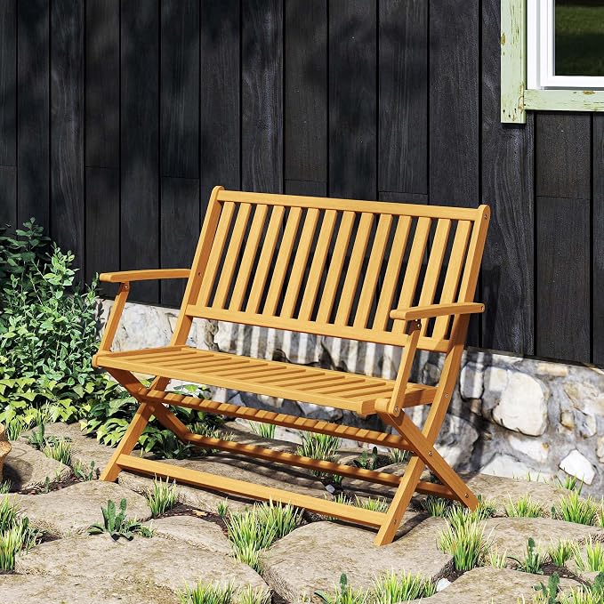 Outsunny Wood Outdoor Bench, 2-Person Foldable Patio Acacia Wood Garden Bench - Image 9