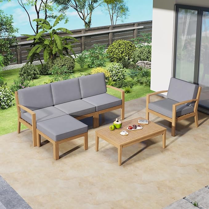 6-Piece Outdoor Patio Conversation Furniture Set, Acacia Wood Sectional Sofa Set by Unknown