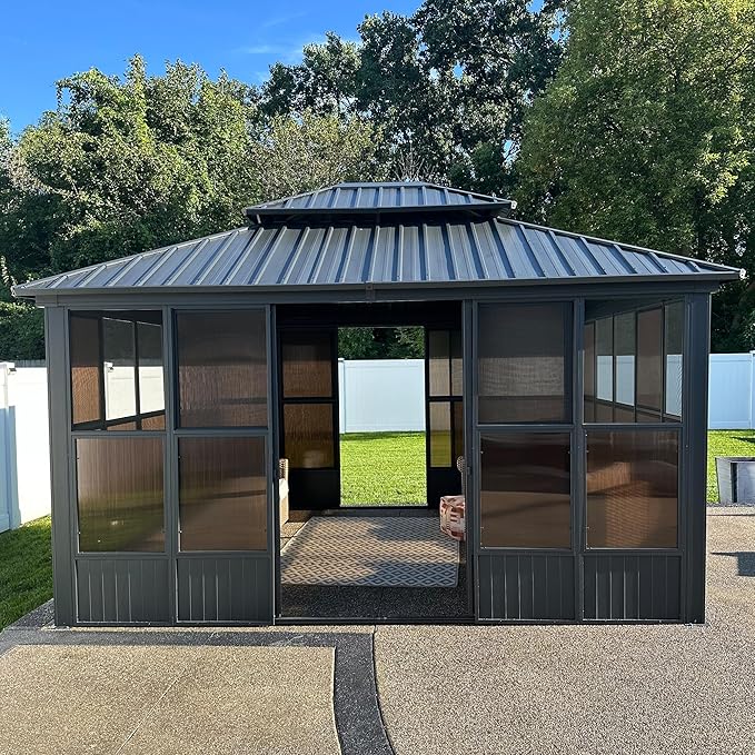 PURPLE LEAF 12' X 14' Solarium Permanent Hardtop Gazebo Galvanized Steel Double by PURPLELEAF