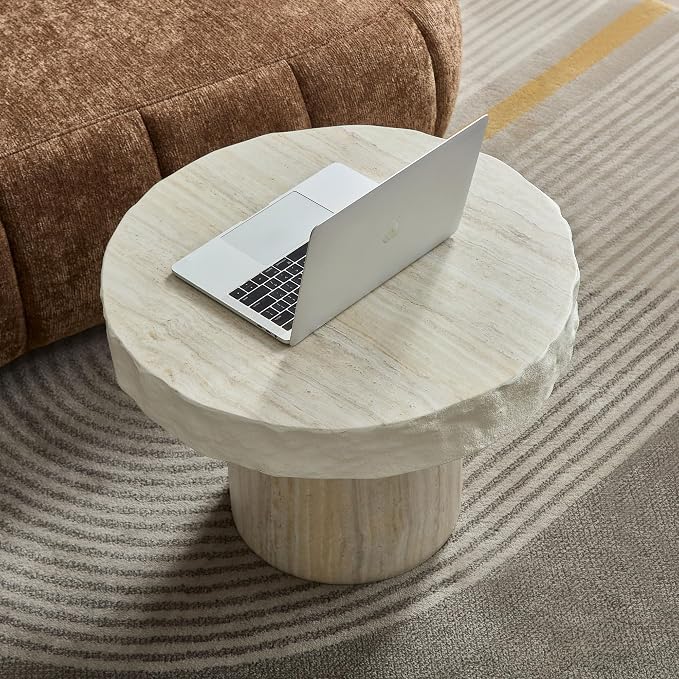 23.82" Round Side Table Small Coffee Table Faux Marble Pattern End Table Cement - Image 5