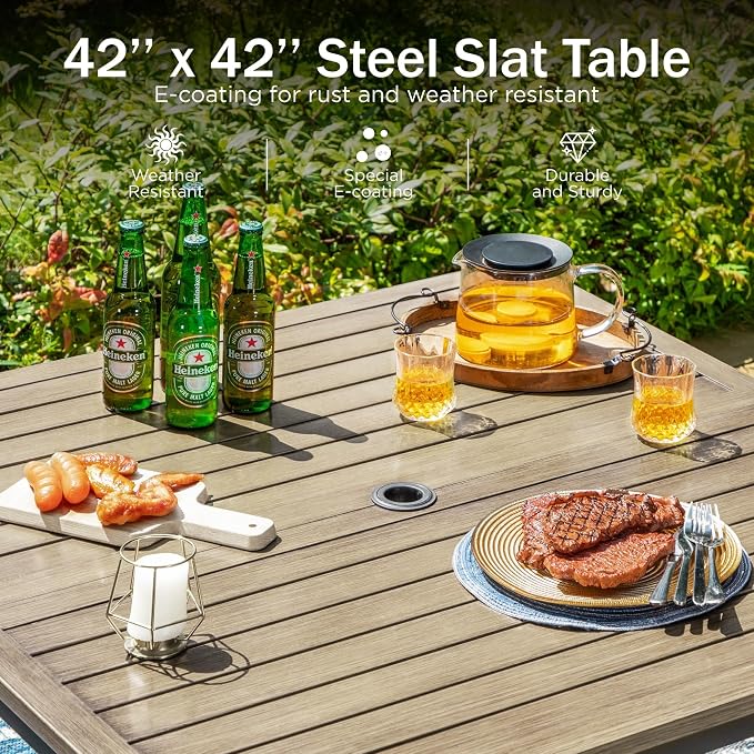 PHI VILLA Outdoor Patio Table, Square Metal Steel Slat Table - Image 3