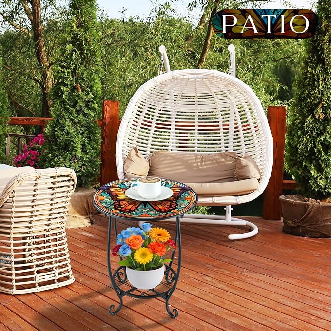 Outdoor Side Table Round Small Mosaic Patio Accent Indoor End Plant Coffee Tea - Image 6