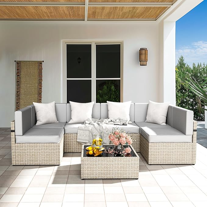 Pamapic Patio Furniture Set, 7 Pieces Modular Outdoor Sectional, Wicker Patio - Image 2