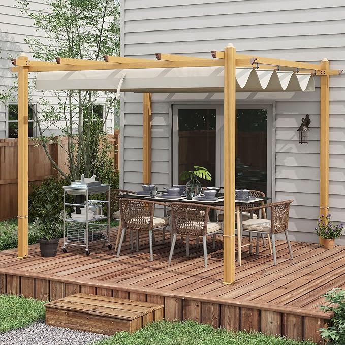 Outsunny 10' x 10' Retractable Pergola Canopy, Wood Grain Aluminum Pergola - Image 2