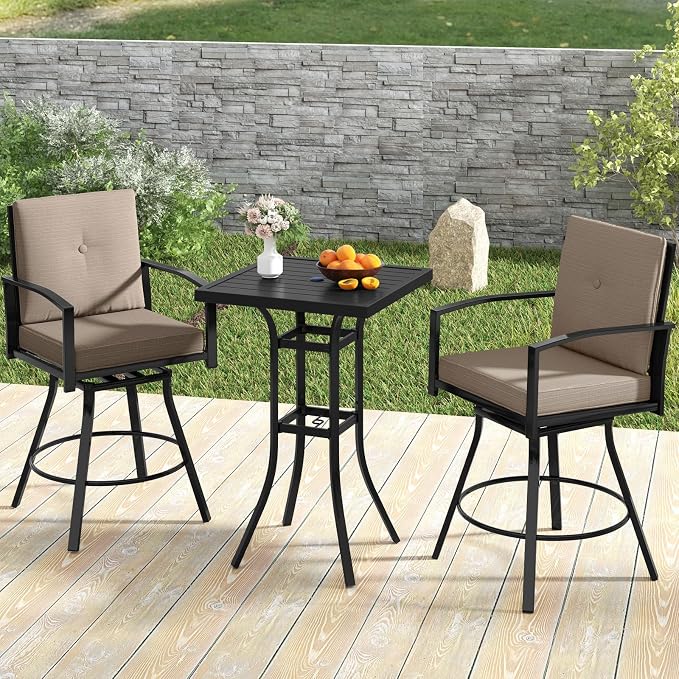 Tangkula 3 Pieces Patio Swivel Bar Set, Outdoor Metal Bar Table and Chairs Set - Image 2