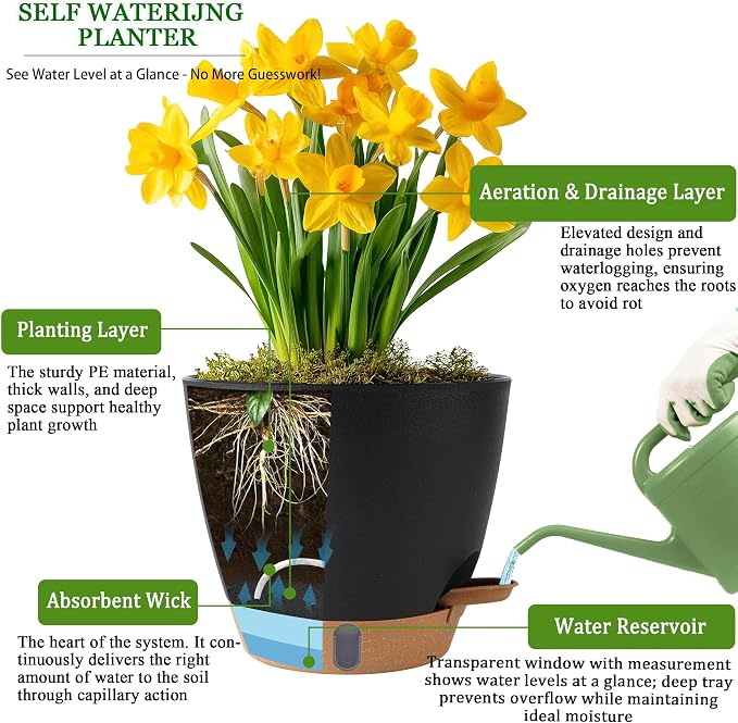 Self Watering Pots for Inoor Ourdoor Plants 10/9/8/7/6.5 Inch Plastic Planters - Image 5
