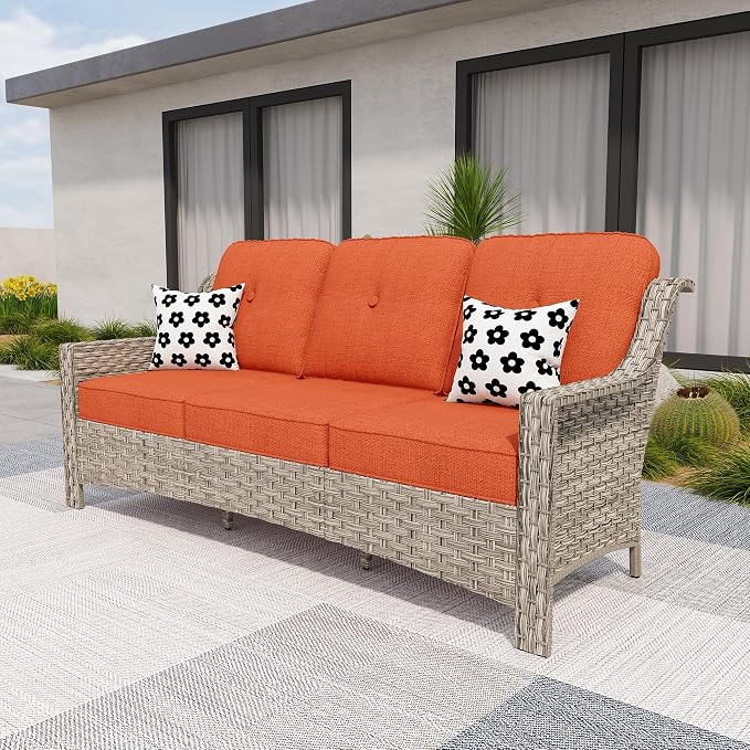 HOOOWOOO Patio Couch, Outdoor Wicker 3 Seater Sofa, All Weather Resistant High by DesignforBetterLife