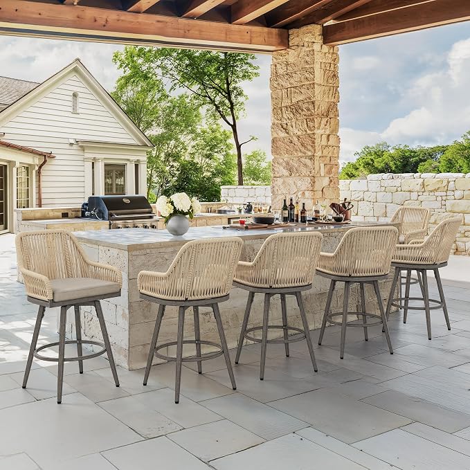 Outdoor Bar Stools Set of 6, 360° Swivel Aluminum Rattan Bar Stool by COZYMAN